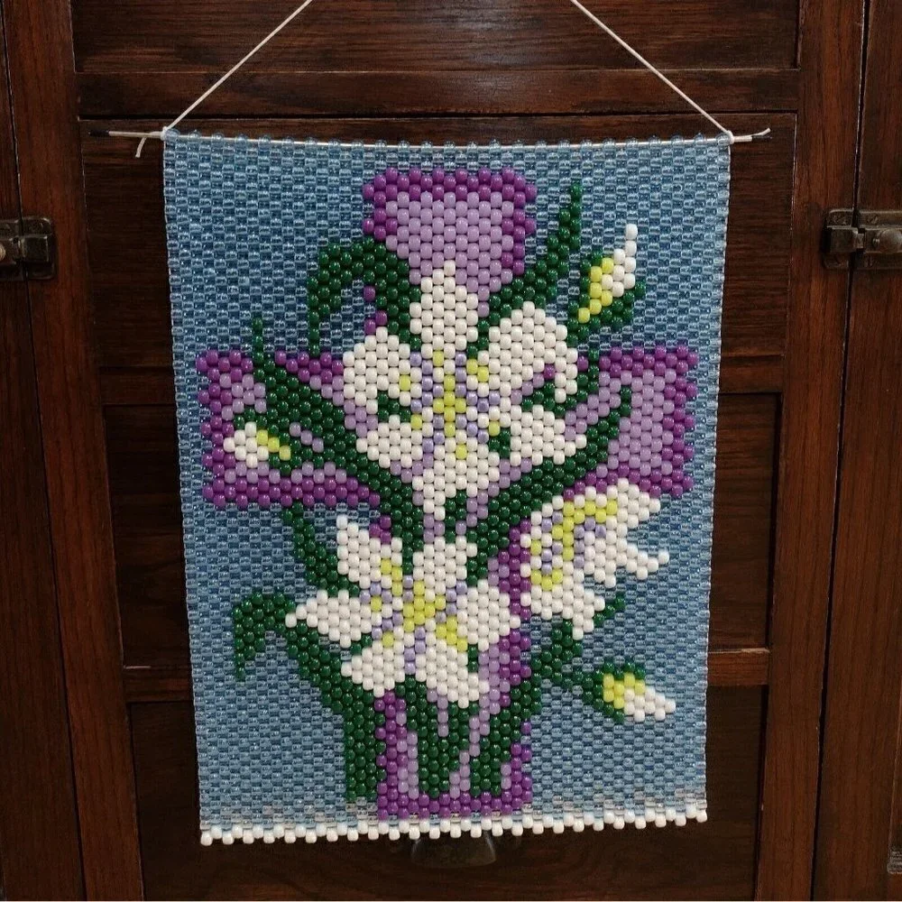 Handmade Beaded Artwork Cross Lily Floral Wall Hanging/Suncatcher Easter Decor